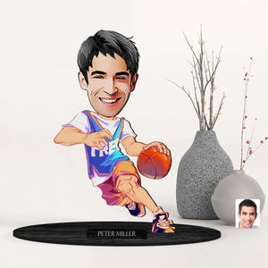Spersonalizowana drewniana figurka 3D z postacią gracza NBA, spersonalizowany portret koszykarza z postacią z kreskówki, prezent urodzinowy, świąteczny, prezent dla niego