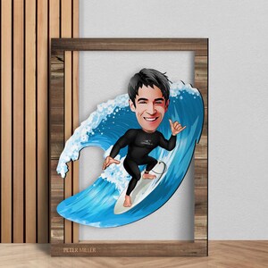 Personalisierte 3D Holz Cartooned Surfer Wandkunst, Benutzerdefinierte Cartoon Porträt, Holz Wohnkultur, Geburtstagsgeschenk, Weihnachtsgeschenk, Wanddekoration