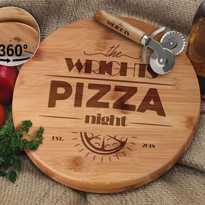 Pizza Board with Name Bamboo Wooden Turntable, Pizza Cutting Board Set, Delicatessen Board, Serving Tray, Wooden Plate, Housewarming Gift