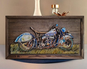 Handmade 3D Oak Tree Vintage Motorcycle Wood Painting, Custom Wood