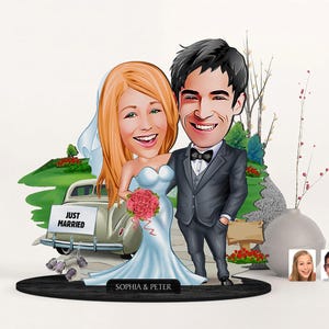 Spersonalizowana 3D drewniana figurka ślubna z kreskówek, spersonalizowany portret Just Married z kreskówek, prezent na rocznicę, prezent świąteczny