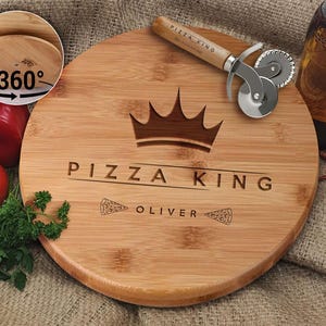 Pizza Board with Name Bamboo Wooden Turntable, Pizza Cutting Board Set, Delicatessen Board, Serving Tray, Wooden Plate, Housewarming Gift