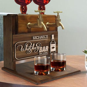 Personalized Embossed Named Wooden Double Faucet Whiskey Dispenser, Bar, Home Bar, Pub and Pub Shed, Wine, Vodka, Liquor Dispenser, Fountain