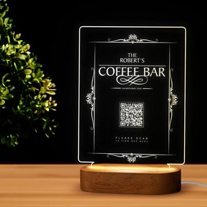 Custom LED Qr Code Menu Sign, LED Decor with Natural Wood Base, Personalized LED Night Light Decor, Coffee Bar Menu Sign, Coffee Shop Decor