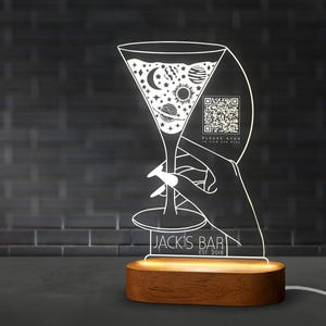 Custom LED Qr Code Menu Sign, LED Decor with Natural Wood Base, Personalized LED Night Light Decor, Bar Decor, Menu Sign, Led Light Decor