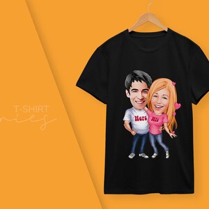 2 stuks zwarte T-shirts gepersonaliseerd met cartoon Valentijnsdag, T-shirt stel, bijpassende T-shirts, valentijnscadeau, cadeau stel, T-shirt op maat