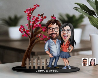 Bibelot personnalisé de figurine de couple d’amant en bois dessiné à la main en 3D, portrait d’amant de dessin animé personnalisé, art du bois, cadeau de Saint-Valentin