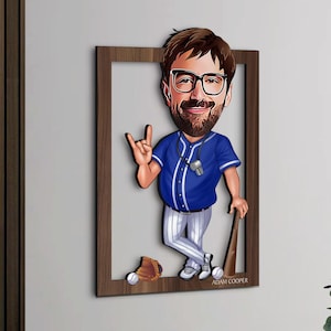 Spersonalizowana 3D drewniana kreskówka trener baseballu ścienne sztuki, prezent świąteczny, niestandardowy portret z kreskówki, prezent urodzinowy, wystrój domu, prezent dla niego
