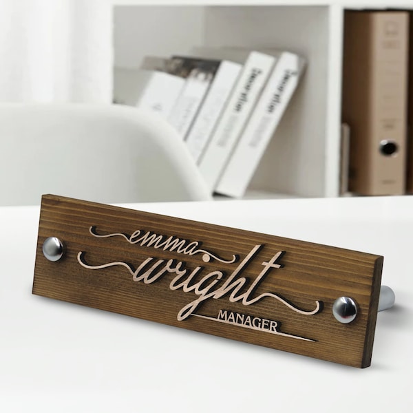 Personalized Handcrafted 3D Embossed Named Natural Wood Desk Nameplate with Metal Leg, Custom 3D Wooden Decorative Nameplate, Office Decor