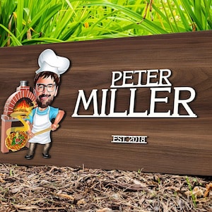Personalized 3D Wooden Named Cartooned Baker Painting, Custom Cartoon Pizza Maker Portrait, Wood Wall Art, Rustic Home Decor, Gift for Him