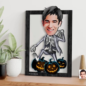 Aanpasbare 3D houten cartooned Halloween skelet man schilderij, aangepaste cartoon portret, cadeau voor Halloween, cadeau voor hem, cadeau voor familie
