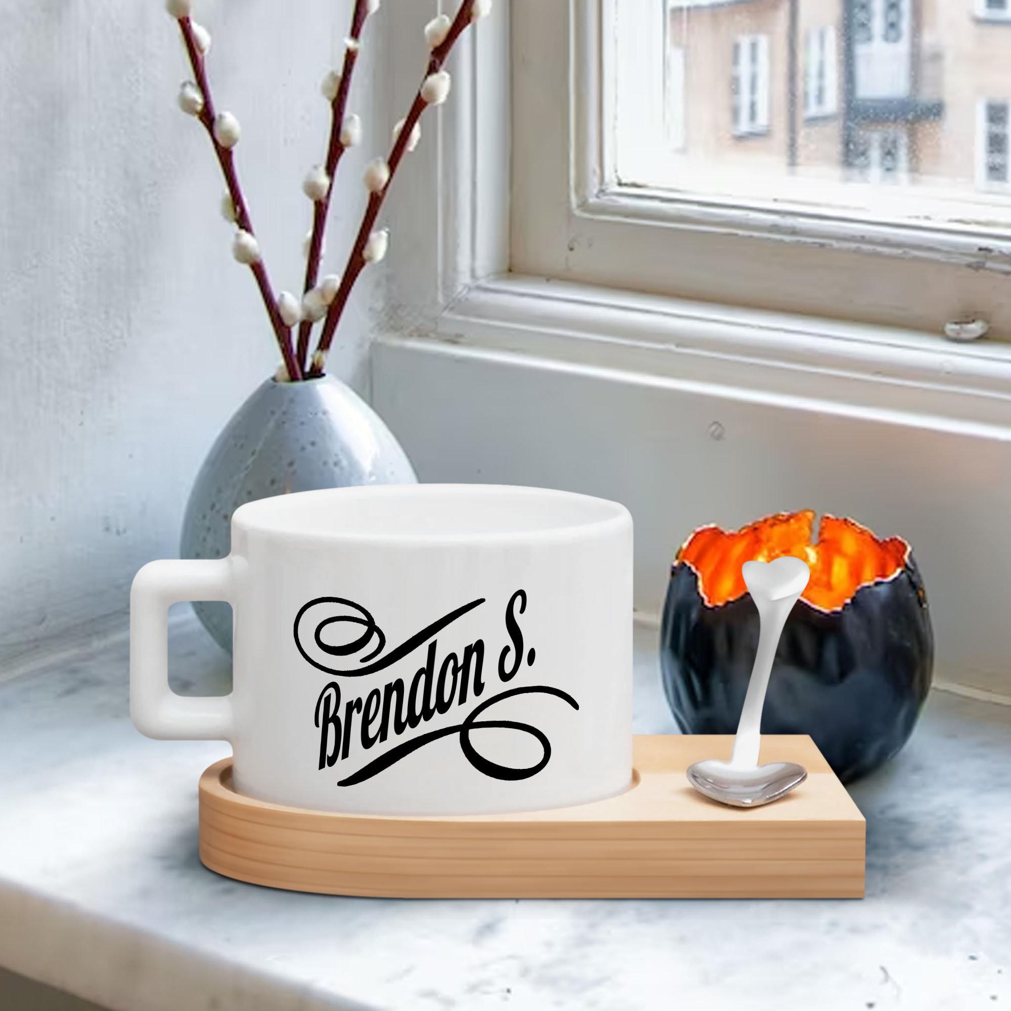 SET 2 TAZZE CUOREMATTO CERAMICA FANTASIA CON PIATTINI IN LEGNO BOMBONIERE SOLIDALI MATRIMONIO