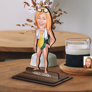Personalized 3D Wooden Cartoon Swimmer Figurine Trinket, Christmas Gift, Custom Cartoon Swimming Portrait, Birthday Gift, Gift for Her