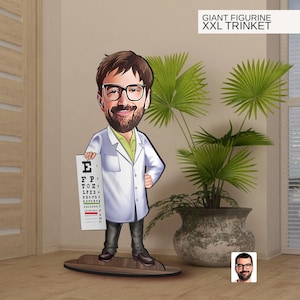 Statuetta personalizzata in legno 3D con cartone animato oftalmologo di grandi dimensioni, ritratto caricaturale personalizzato, regalo per lui, arredamento per la casa, regalo per dottore