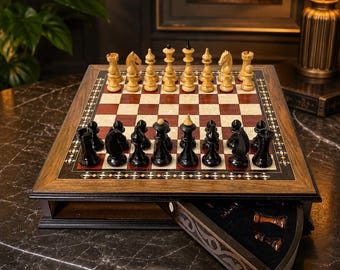 Lithuanian Chess Set with Storage, Handmade Wooden Board & Boxwood Pieces