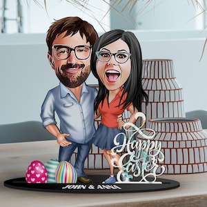 Statuetta in legno 3D personalizzata con coppia di Pasqua dei cartoni animati, ritratto caricaturale, decorazione in legno, regalo di Pasqua, regalo di coppia, decorazione per la casa