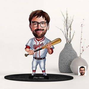 Gepersonaliseerde 3D houten cartoon honkbalspeler beeldje trinket, aangepast cartoonportret, familiecadeau, kerstcadeau, cadeau voor hem