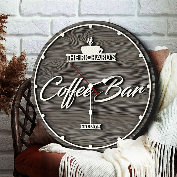 Personalisiertes Kaffee-Bar-Uhrenschild, 3D-runde Holz-Wanduhr, individuelles Holzschild, Haus-Bar-Schild, Wohndekoration, Café, Café-Bar-Dekor