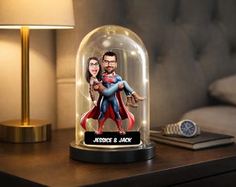 Custom Superhero Couple Caricature Glass Dome LED Night Light Gift