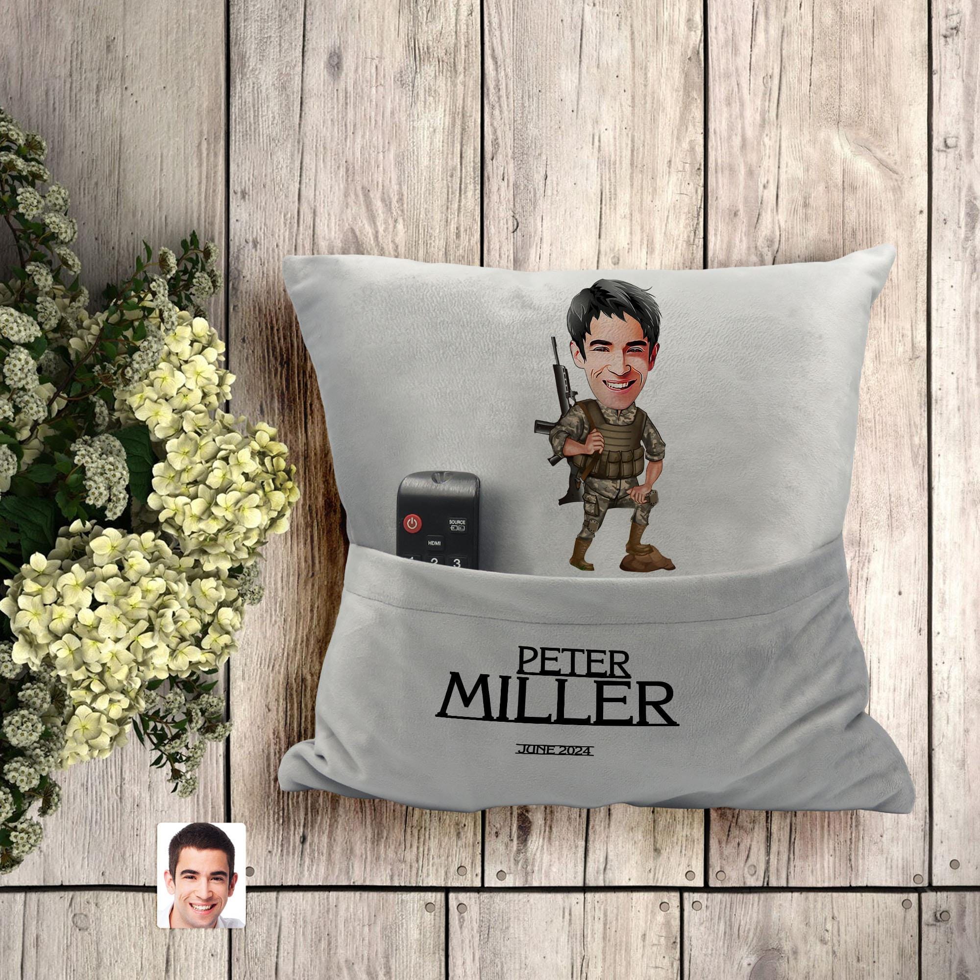 Personalized Soldier Cartoon Pillow with Pockets, Custom Caricature Portrait Fluffy Pillow, Personalized Gift, Home Decor, Gift for Him