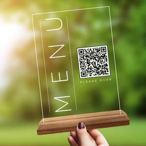 Placa de menu de código QR personalizada, placa de restaurante de madeira natural e acrílico personalizada, placa de código QR para café, mesa de código QR e decoração de mesa
