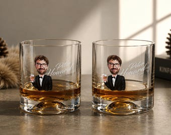 Set of 2 Personalized Cartoon Whiskey Glasses | Custom Portrait Scotch Glass | Groomsmen Gift | Engraved Whiskey Tumbler 200ml