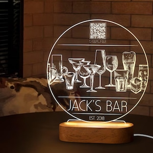 Custom LED Qr Code Menu Sign, LED Decor with Natural Wood Base, Personalized LED Night Light Decor, Bar Decor, Qr Menu Sign, Led Light Decor