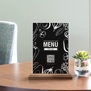 Placa de menu de código QR personalizada, placa de restaurante de madeira natural e acrílico personalizada, placa de código QR para café, mesa de código QR e decoração de mesa