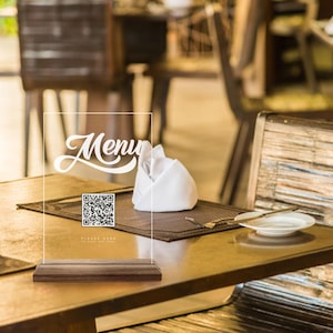 Placa de menu de código QR personalizada, placa de restaurante de madeira natural e acrílico personalizada, placa de código QR para café, mesa de código QR e decoração de mesa