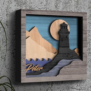 El faro: arte decorativo de pared en madera 3D cortado con láser de siete capas hecho a mano, caja de sombras artística, caja de sombras de madera, regalo de arte especial