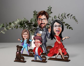 Juego de baratijas familiares de madera personalizadas con dibujos animados, muñecos familiares de madera, muñecos familiares con clavija, muñecos de foto, regalo familiar, regalo de Navidad