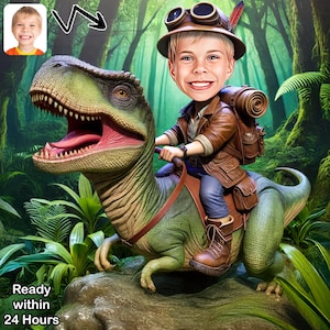 Caricatura de dinosaurio jurásico personalizada, niño montando un dinosaurio, regalo para niños, caricatura de dinosaurio de niño personalizada, regalo divertido para niños, arte digital