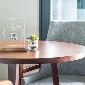 Letrero de menú con código QR hecho a medida, letrero de menú de bar y restaurante de madera natural y acrílico personalizado, letrero de código QR para cafetería, decoración de mesa con código QR