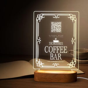 Custom LED Qr Code Menu Sign, LED Decor with Natural Wood Base, Personalized LED Night Light Decor, Coffee Bar Menu Sign, Coffee Shop Decor