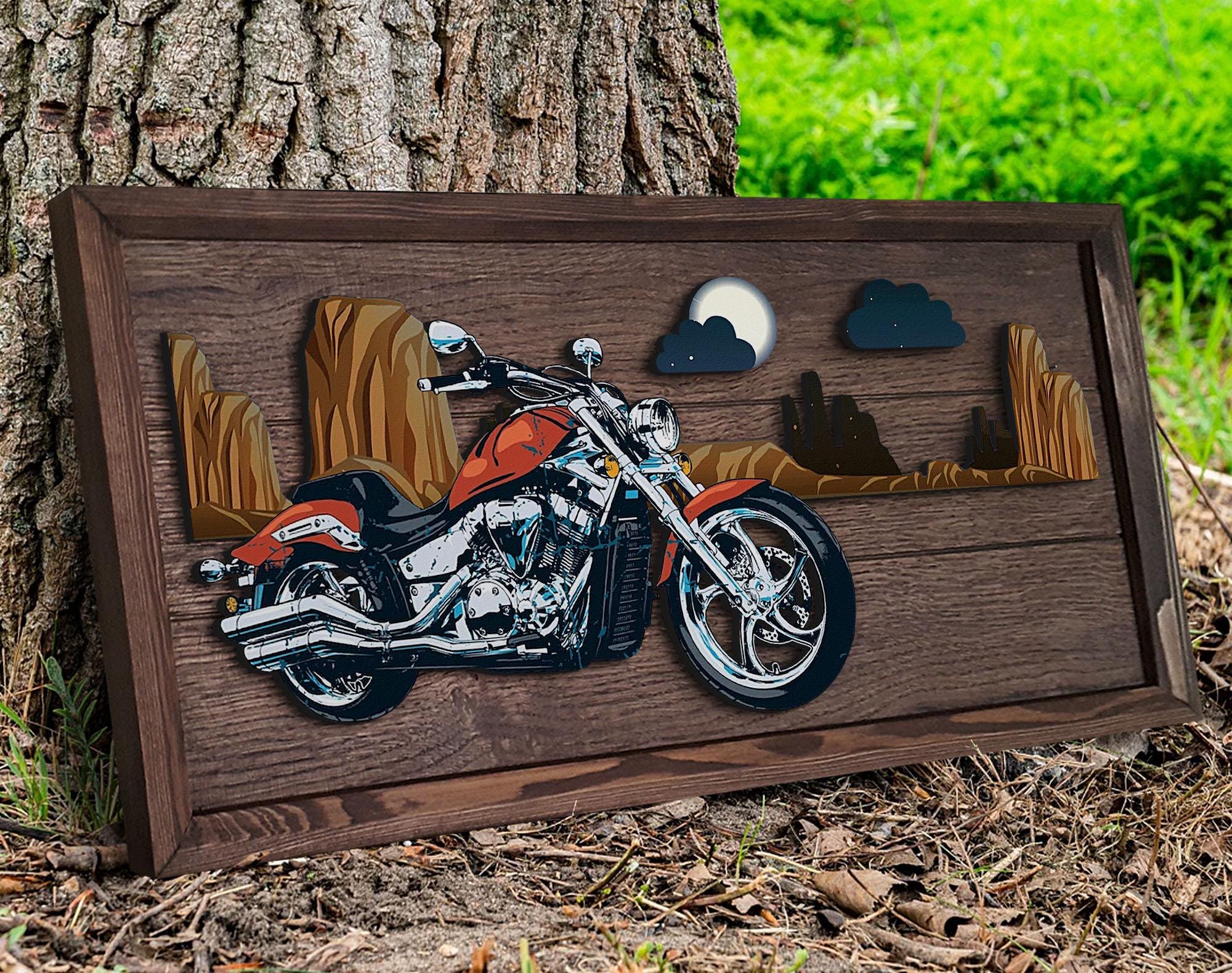 Handmade 3D Oak Tree Motorcycle Wood Painting, Custom Wood