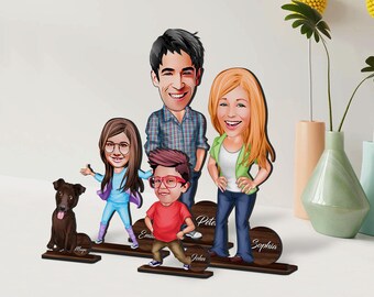 Juego de baratijas familiares de madera personalizadas con dibujos animados, muñecos familiares de madera, muñecos familiares con clavija, muñecos de foto, regalo familiar, regalo de Navidad