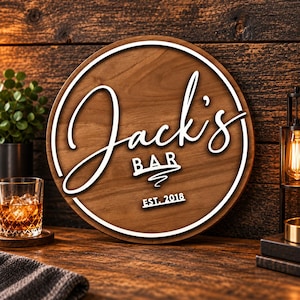 Spersonalizowany okrągły drewniany szyld barowy z wypukłymi napisami 3D, niestandardową nazwą i datą