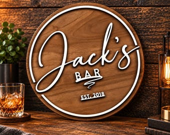 Personalized Round Wooden Bar Sign, Custom Name & Date, Raised 3D Lettering Wall Decor