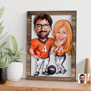 Coppia di giocatori di football americano in 3D in legno personalizzati, ritratto di un giocatore di football americano, regalo di Natale, regalo per gli innamorati