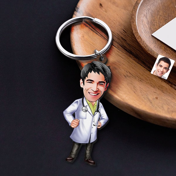 Keychain with Personalized Doctor Caricature, Gift for Him, Custom Cosbaby Keychain, Boyfriend Gift, Cartoon Portrait, Bobblehead Keyring