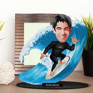 Personalized 3D Wooden Cartooned Surfer Figurine Trinket, Custom Cartoon Surfing Portrait, Birthday Gift, Christmas Gift, Gift for Him