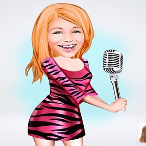 Gepersonaliseerde tekening zangeres meisje / tekening zanger meisje cartoon / tekening zanger meisje