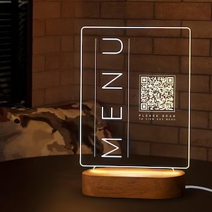 Personalisiertes LED Qr Code Menüschild, LED Dekor mit Naturholzsockel, personalisiertes LED Nachtlicht Dekor, Bar Dekor, Bar Schild, Café, Bar Qr Menü