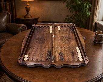 Large Handmade Walnut Backgammon Set, Lion Design, 60x60 cm Wooden Mosaic Board, Luxury Gift