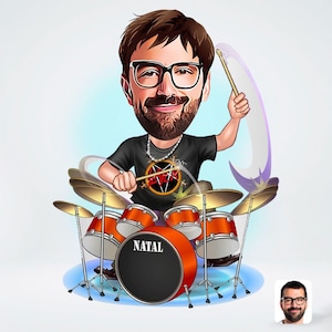 Caricatura personalizada de baterista, Retrato de baterista, Caricatura de foto, Retrato digital, Presentes de baterista Presente personalizado, Presente de aniversário