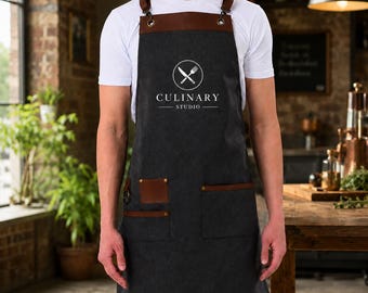Set of 5 Anthracite Barista Aprons with Vegan Leather Straps, Adjustable Chef Aprons for Kitchen, Cafe, Restaurant & BBQ