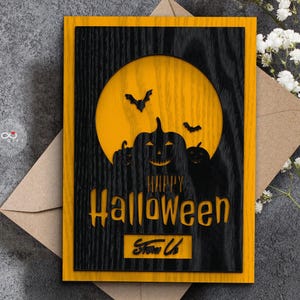 Carte de voeux d'Halloween 3D personnalisée en bois en relief, carte de bonbons ou de sorts, cadeau pour lui, cadeau pour elle, cadeau pour la famille, joyeux Halloween