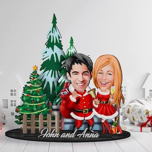 Personalisierte 3D-Karikatur Paarfigur Schmuckstück aus Holz, 3-schichtig, Benutzerdefiniertes Karikatur-Noel-Porträt, Holzkunst, Weihnachtsgeschenk, Valentinsgeschenk