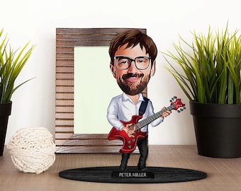 Personalized 3D Wooden Cartooned Guitarist Figurine Trinket, Custom Cartoon Musician Portrait, Birthday Gift, Christmas Gift, Gift for Him