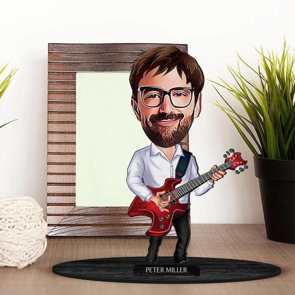 Figurine de guitariste de dessin animé en bois 3D personnalisée, portrait de musicien de dessin animé personnalisé, cadeau d’anniversaire, cadeau de Noël, cadeau pour lui